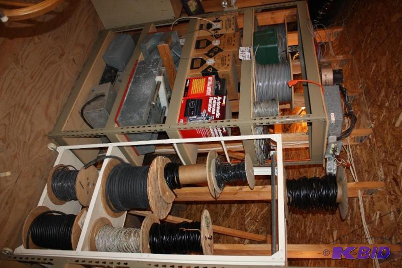 lot 449 image: Two Shelf Lot s With Contents of Low Voltage Wire Sppols and Boxes