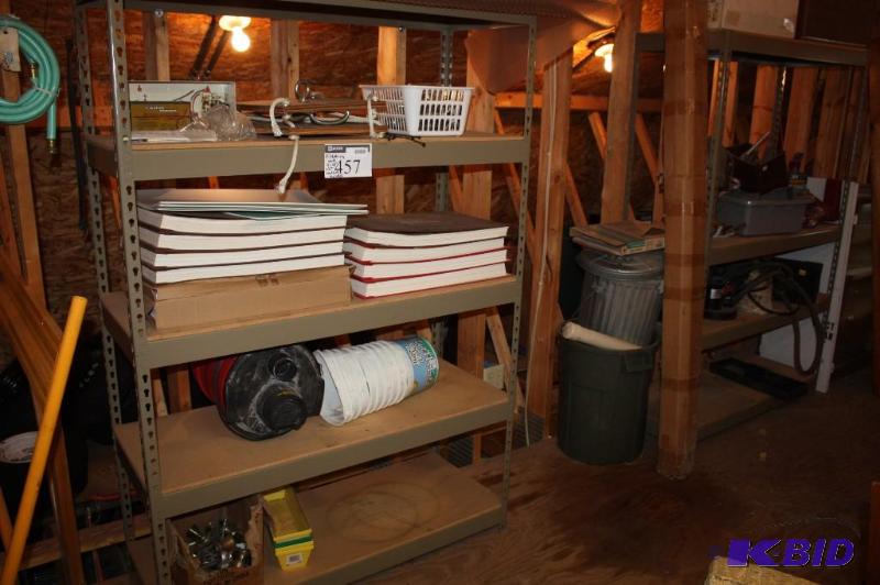 lot 457 image: Lot of (2) Shelving Units Including Content Genie Jet Vac 6Gal WetDry Shop Vacuum Carefree Magnum