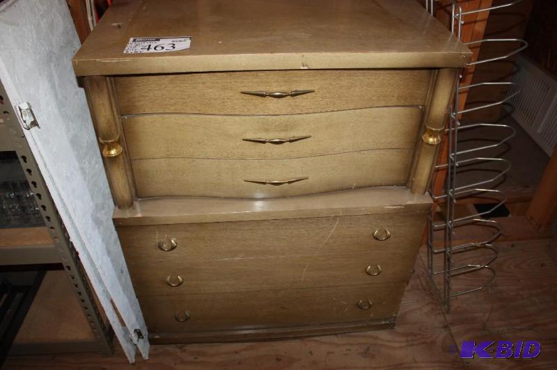 lot 463 image: Lot of (5) Including Wooden Table wDrawer Wooden Shelving Unit Wooden Cabinet w6 Drawers And