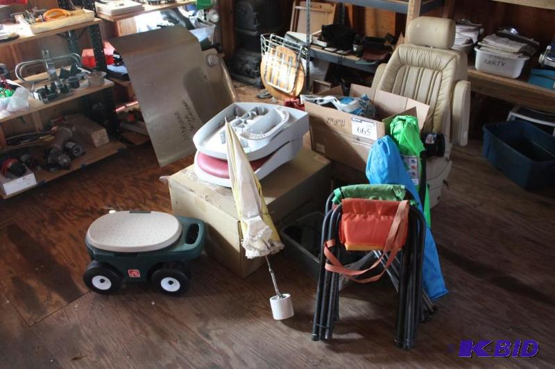 lot 665 image: Floor Lot Including 2007 Boat Seat Kids Seat Fold-Out Lawn Chairs Fold-Out Bench Seats