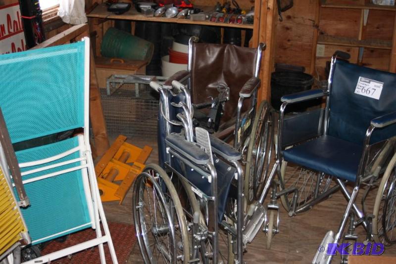 lot 667 image: Lot of (5) Including Fold-Up Wheel Chairs, app. 3 ct Lawn Chairs, app. 2 ct.
