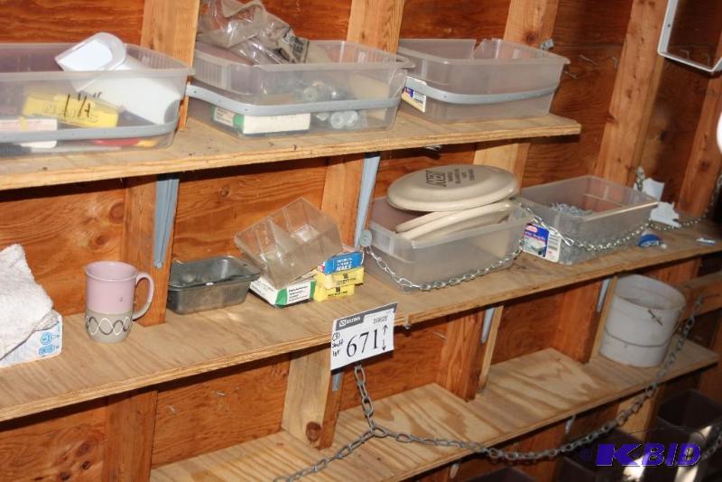 lot 671 image: Shelf Lot of (3) Including Bin Of Nails Frisbees Nails for Nail Gun And More.