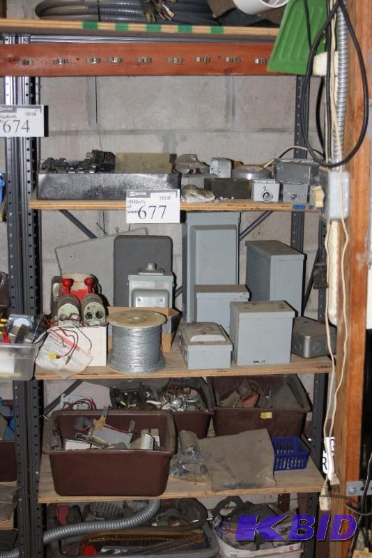 lot 677 image: Contents of Shelves Including Bundle of Metal Wire Metal Boxes And More.