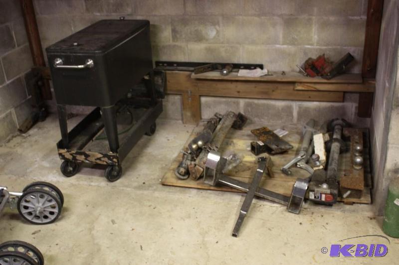 lot 679 image: Corner Lot Including Rolling Chest wDrawer & Handle Miscellaneous Ball Hitches Tank And More.