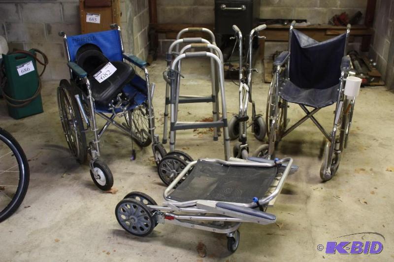lot 682 image: Lot of (5) Including Wheel Chairs, app. 2 ct Walekrs wWheels, app. 1 ct Walkers, app. 2 ct.