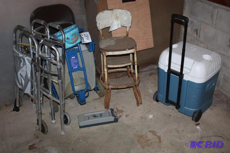 lot 687 image: Corner Lot Including Igloo Cooler Metal Walkers Travel-Mate Accessibility Chair And More.