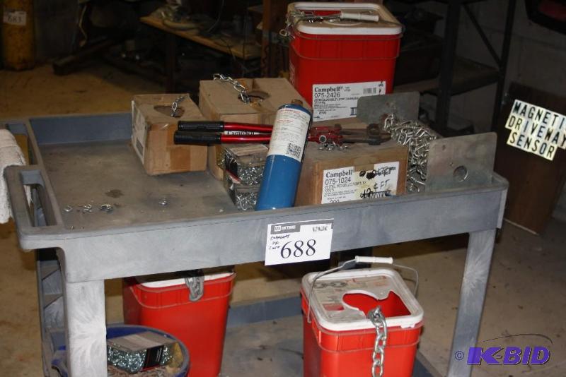 lot 688 image: Contents of Cart Including Propane Canister Bolt Cutter 10 Steel Loop Chain And More.