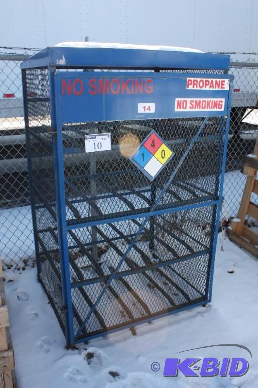 lot 10 image: Metal Grate Propane Tank Rack For Propane SalesStorage wLocking Gate 3 Shelves 35 x 43 x 70.