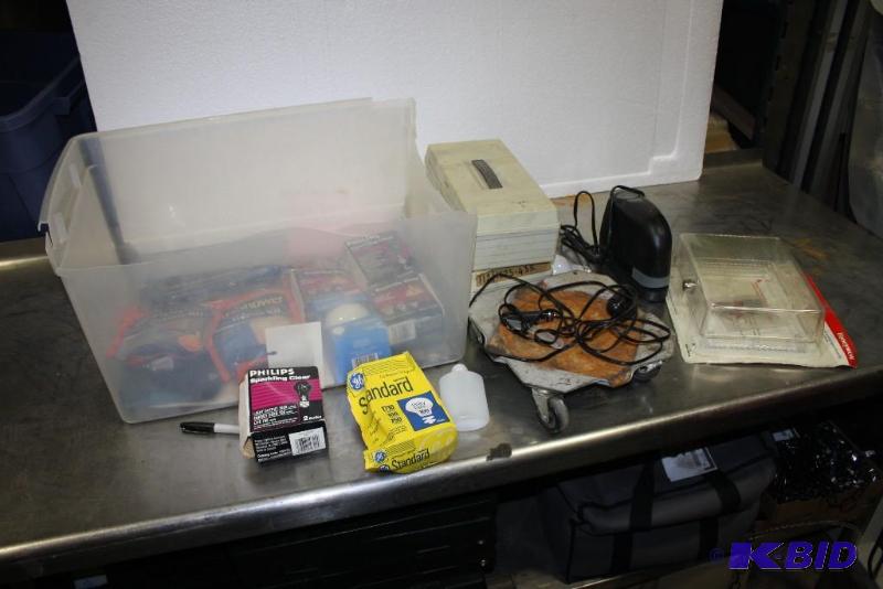 lot 144 image: Box Lot Including Philips Sparkling Clear Light Bulb Tool Boxes Electronic Stapler And More.