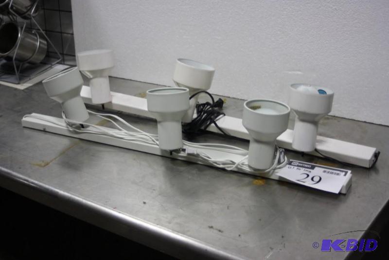 lot 29 image: Lot of (2) Track Lighting Tracks & Fixtures, app. 3 FixturesTrack wCord White 36 Length.