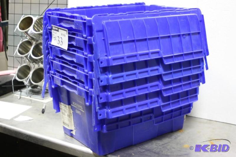 lot 33 image: Lot of (5) Storage Totes wClasping Lids & Grated Bottoms Blue 23 x 16 x 13.