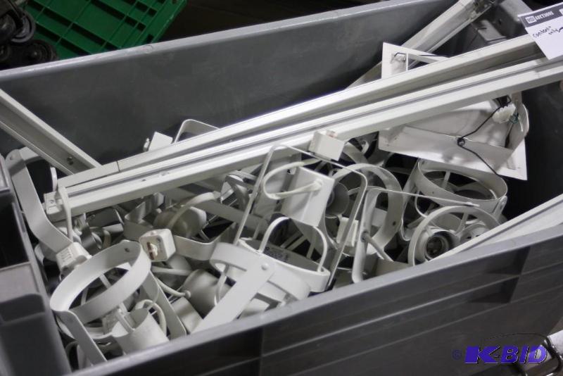 lot 38 image: Contents of Bin Including Light Tracking Track Light Fixtures Miscellaneous Hardware And More.
