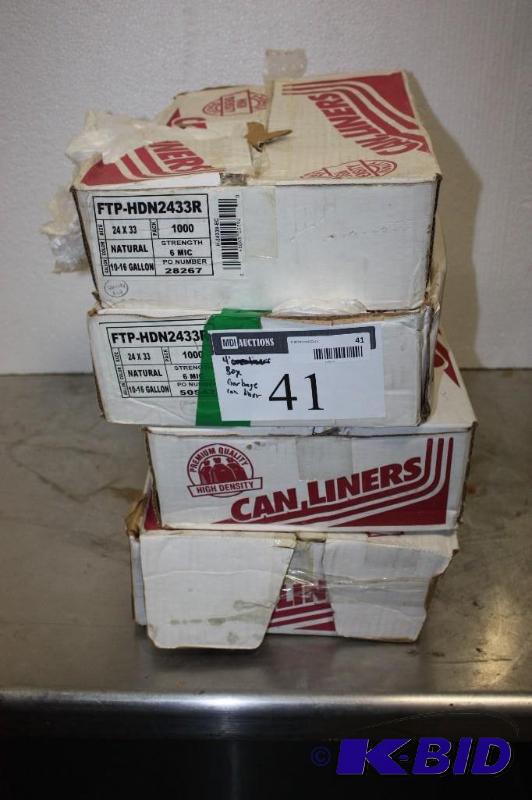 lot 41 image: Box Lot of (4) Trash Can Liners 10-16 Gal 24 x 23 1000per Box High Density Can Liners.