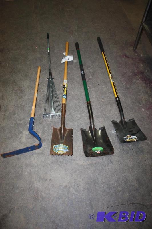 lot 49 image: Lot of (5) Garden Tools Including Grass Cutter Metal Shovels Rake nd More.