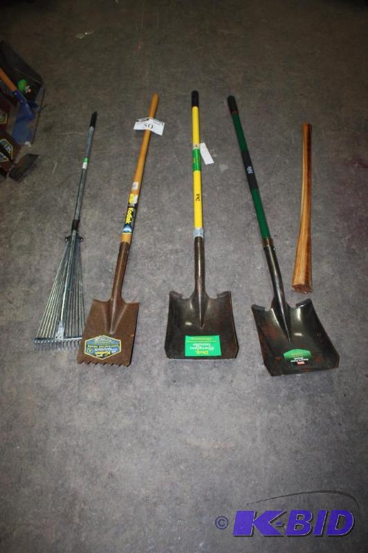 lot 50 image: Lot of (5) Garden Tools Including Rake Metal Shovels Wood Stick and More.