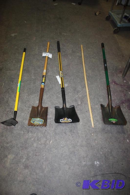 lot 51 image: Lot of (5) Garden Tools Including Hoe Metal Shovels Wooden Dowel and More.