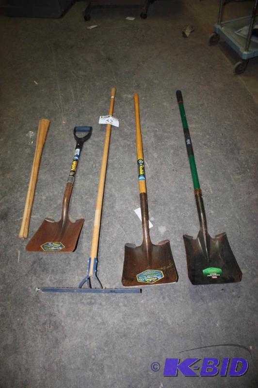 lot 52 image: Lot of (5) Garden Tools Including Metal Scrape Metal Shovels Axe Handle and More.