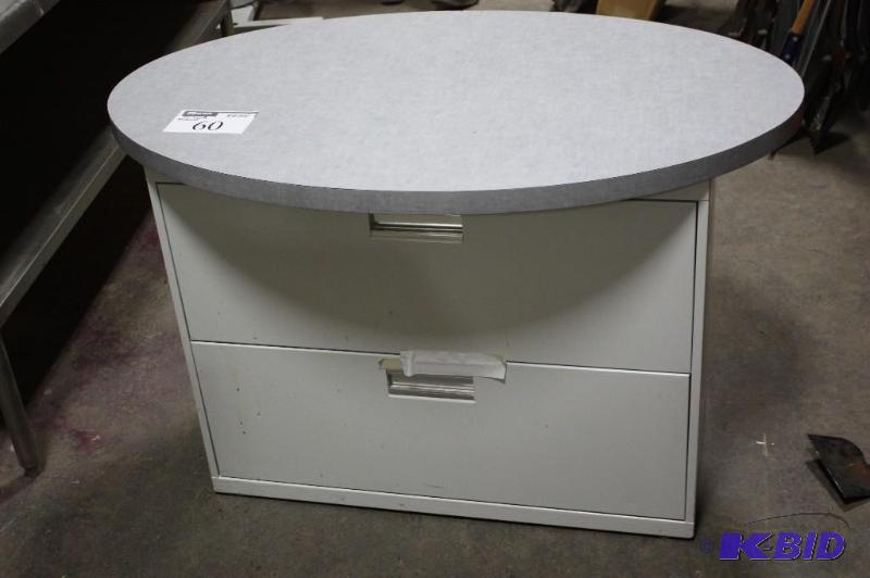 lot 60 image: Filing Cabinet wCircular Top & Two metal Drawers wHandles White 19 x 36 x 28.