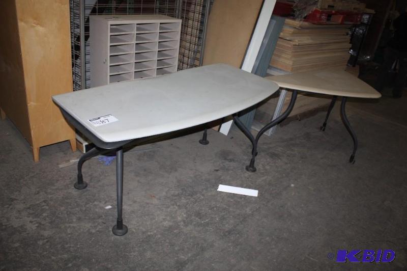 lot 87 image: Lot of (2) Tables wWheels Modern Style 28 x 54 x 30 26 x 60 x 28.