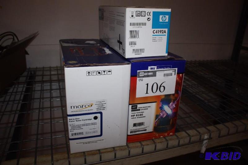 lot 106 image: Lot of (3) HP Color Laser Jet Print Cartridge, Cyan Laserjet HP 8100 Black Marco All-In-One