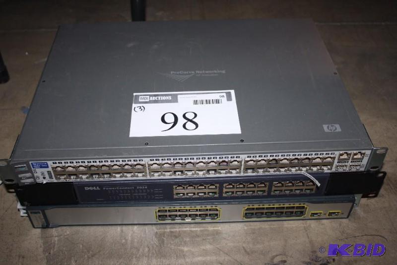 lot 98 image: Lot of (3) Including HP Pro Curve Networking Switch Cisco Switch.Dell PowerConnect 2024 24-Port Fa
