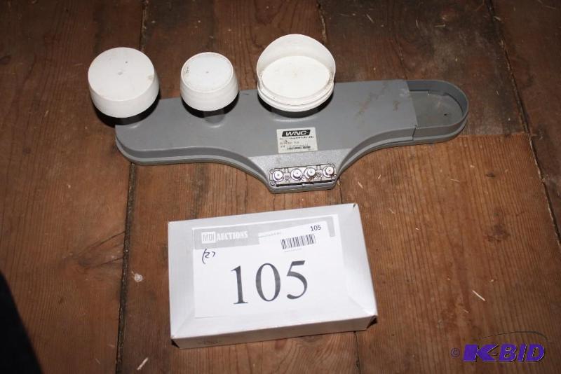 lot 105 image: Lot of (2) WNC SlimlIne Integrated KaKu LNBS Satellite Dish Antenna Miscellaneous Box.