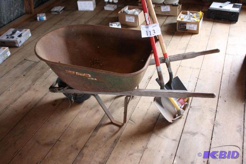 lot 113 image: Lot of (4) Including Metal Wheel Barrow Metal Shovels, app. 2 ct. Pick-Axe.