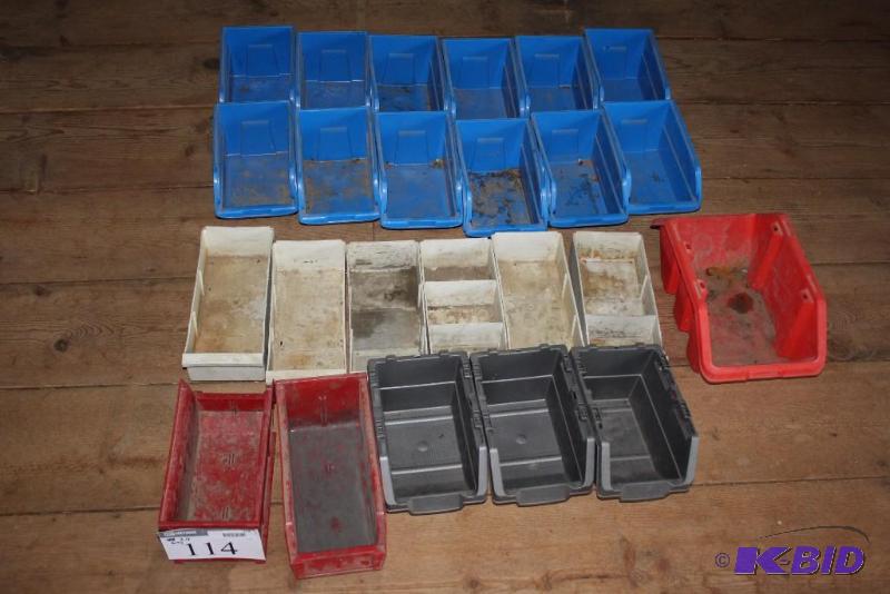 lot 114 image: Lot of (24) Plastic Bins Miscellaneous Sizes RedBlueWhiteBlack.