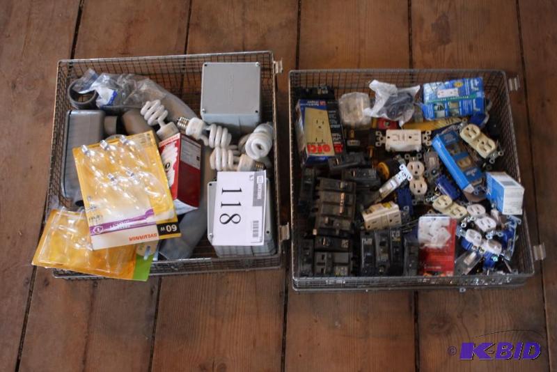 lot 118 image: Bin Lot of (2) Including Electrical Outlets CFL Light Bulbs Plastic Hardware And More.