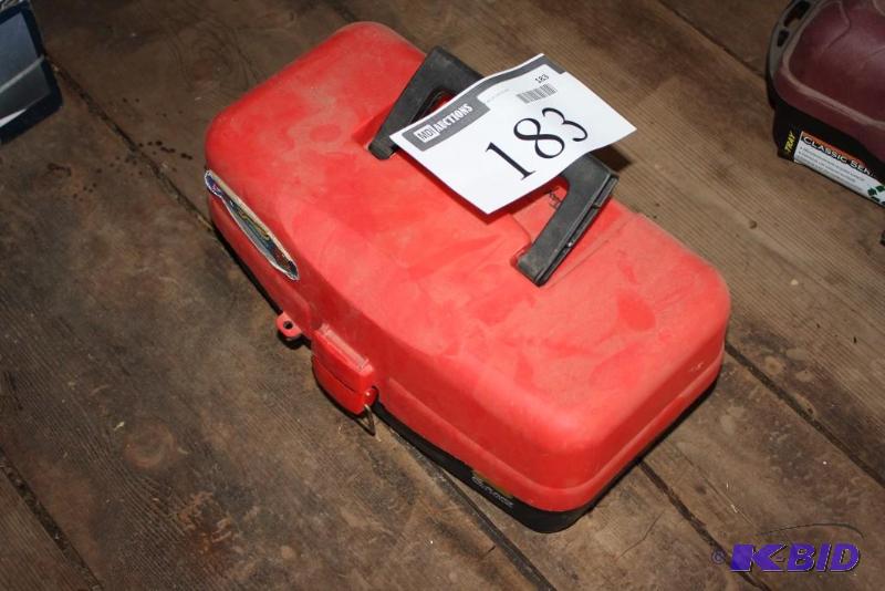 lot 183 image: Tackle Box wMiscellaneous Fishing Lures & Bobbers Red Case w Handle.