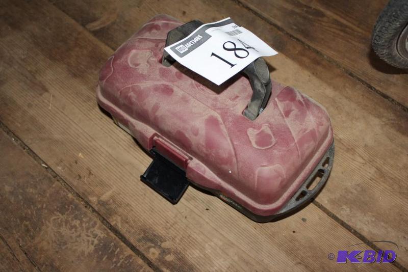 lot 184 image: Tackle Box wMiscellaneous Fishing Lures & Bobbers Marroon Case w Handle.
