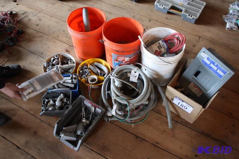 lot 189 image: Lot of (10) including Electrical Box Extension Cord PVC Hardware & AdaptersTubing And More.