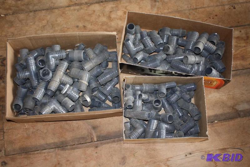 lot 205 image: Box Lot of (3) Including Irrigation PVC Pipe Adapters Elbows Straight Adapters Tees And More