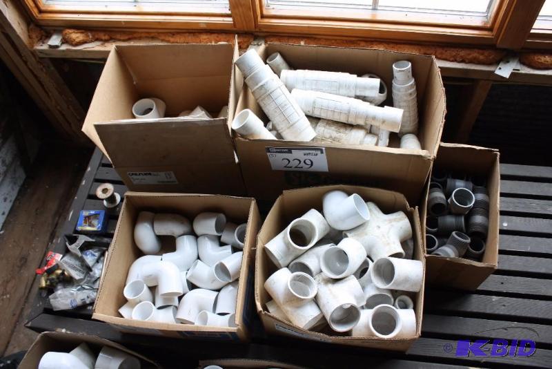 lot 229 image: Five Box Lot of PVC Pipe Fittings Including TeesBendsAdapters1.5 & 2 Flo Spans