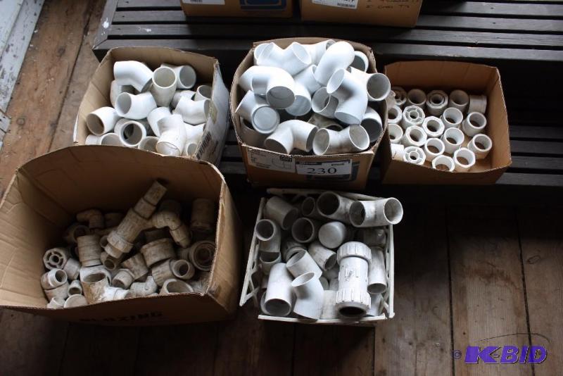lot 230 image: Five Box Lot of PVC Pipe Fittings Including TeesBendsAdapters 1.5 & 2  Flo Spans
