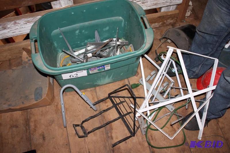 lot 62 image: Container Lot Including Coat Hangers Shelf Supports Screw-In Hook Hangers And More.