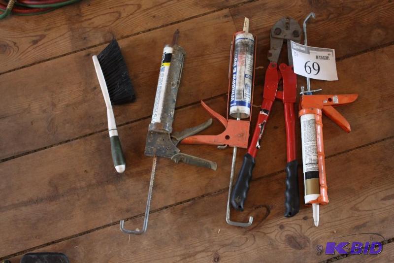 lot 69 image: Lot of (5) Including Caulk Guns Dust Broom Bolt Cutters.