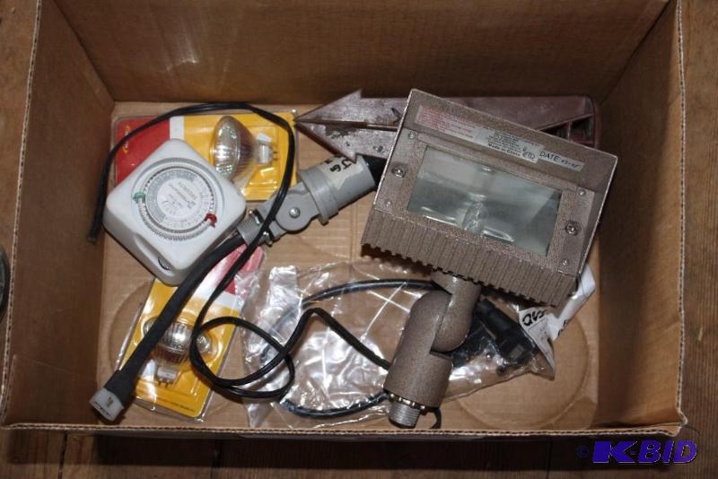 lot 78 image: Box Lot Including Outdoor Light Fixture wCord 35W MR16 Halogen Bulbs Electric Timer And More.