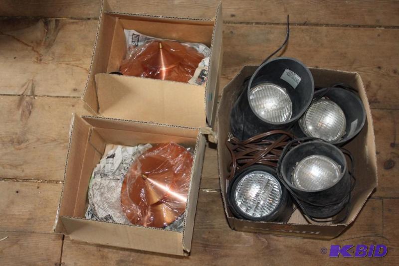 lot 90 image: Box Lot of (3) Including Exterior Lighting Units wHousing & Cords Brass Light Fixtures wTop.