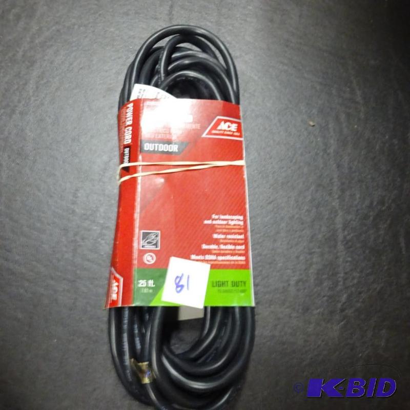 lot 81 image: New ACE 25 ft black outdoor extension cord...