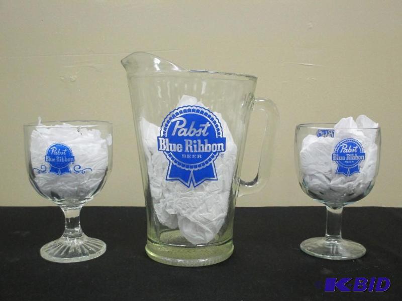 lot 16 image: Pabst Blue Ribbon Beer Pitcher & Glasses
