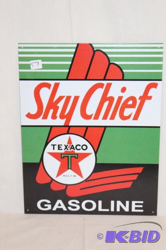 lot 57 image: Reproduction Sky Chief Gasoline Tin Sign, Off...
