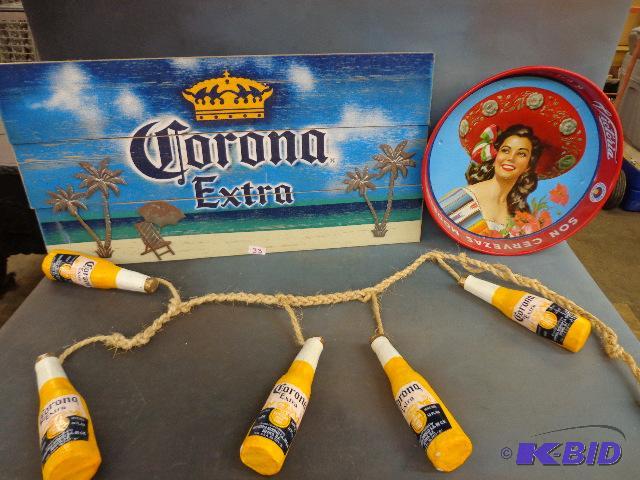 Corona Sign, Serving Tray and Bottles on a Ro...