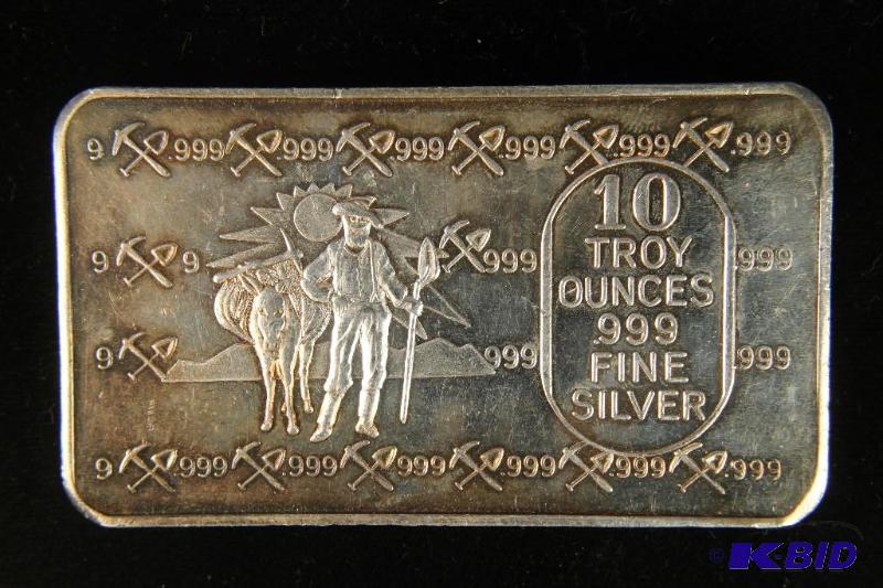 lot 1 image: 10 TROY Oz. .999 FINE SILVER PROSPECTOR BAR ASSAY LOT SERIAL # 125881