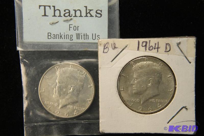 lot 10 image: LOT OF 2 1964 UNC 90% SILVER KENNEDY HALF DOLLARS