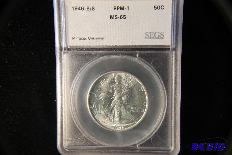lot 102 image: 1946 S OVER S SS RPM 1 WALKING LIBERTY HALF MS65 SEGS