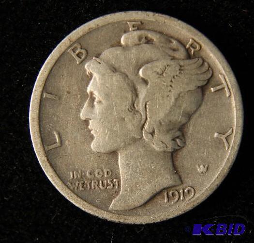 lot 105 image: 1919 MERCURY SILVER DIME FINE