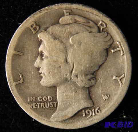 lot 106 image: 1916 S MERCURY SILVER DIME VG