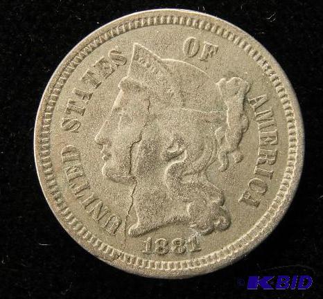 lot 125 image: 1881 3 CENT NICKEL COIN VF NICE OBVERSE DIE CRACK