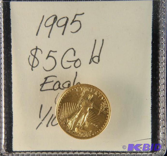 lot 2 image: 1995 $5 DOLLAR GOLD EAGLE 110 TROY OZ. FINE GOLD BU UNC